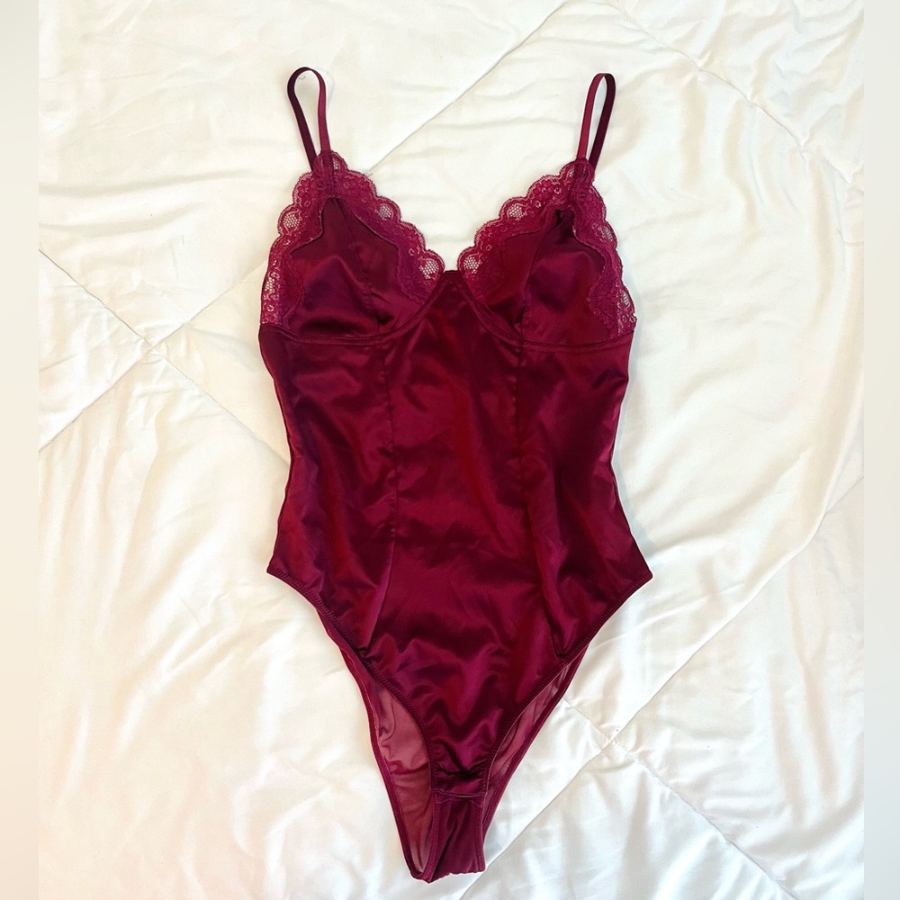 Maroon satin lace bodysuit